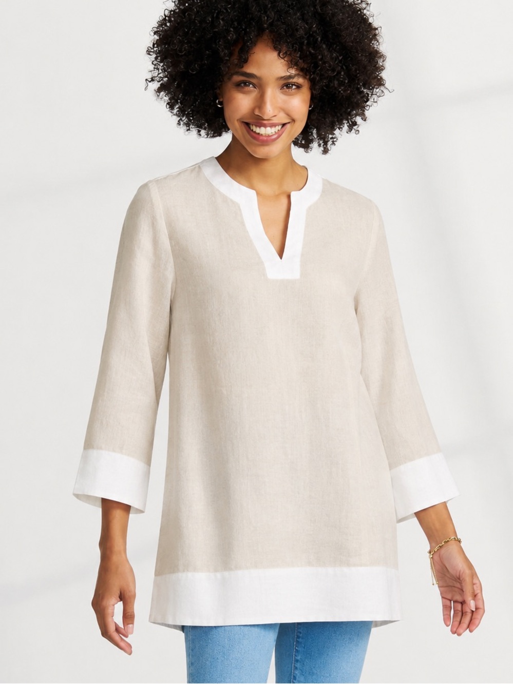 Lands' End Tan Linen Split Neck Tunic Top, Small (6/8)